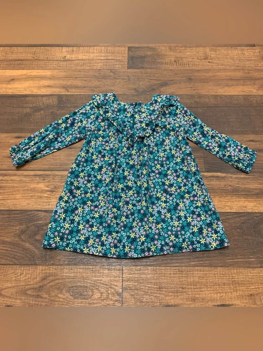 Baby Gap girl's Dress Sz 3 green Floral Print ruffled neckline Long Sleeve